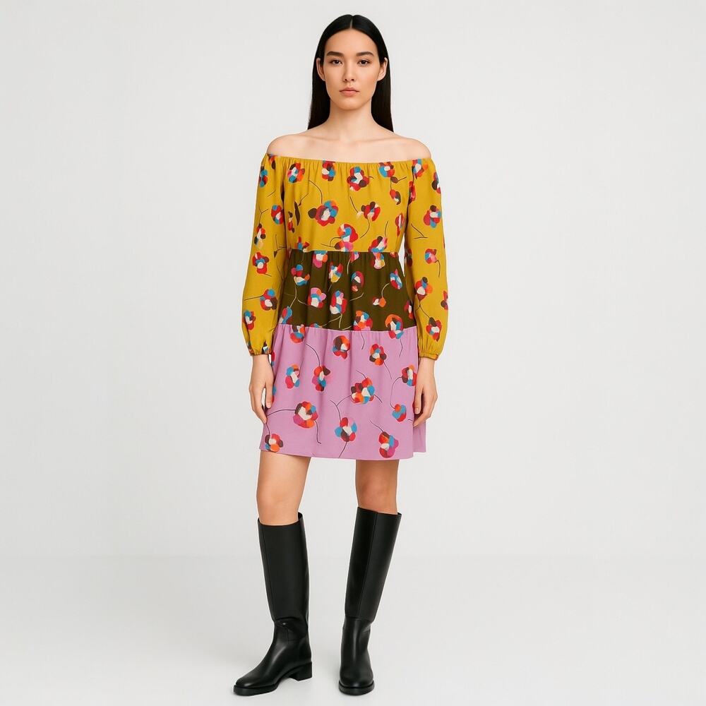 BCBGMAXAZRIA Multicolor Floral Colorblock Off the Shoulder Mini Dress Size M